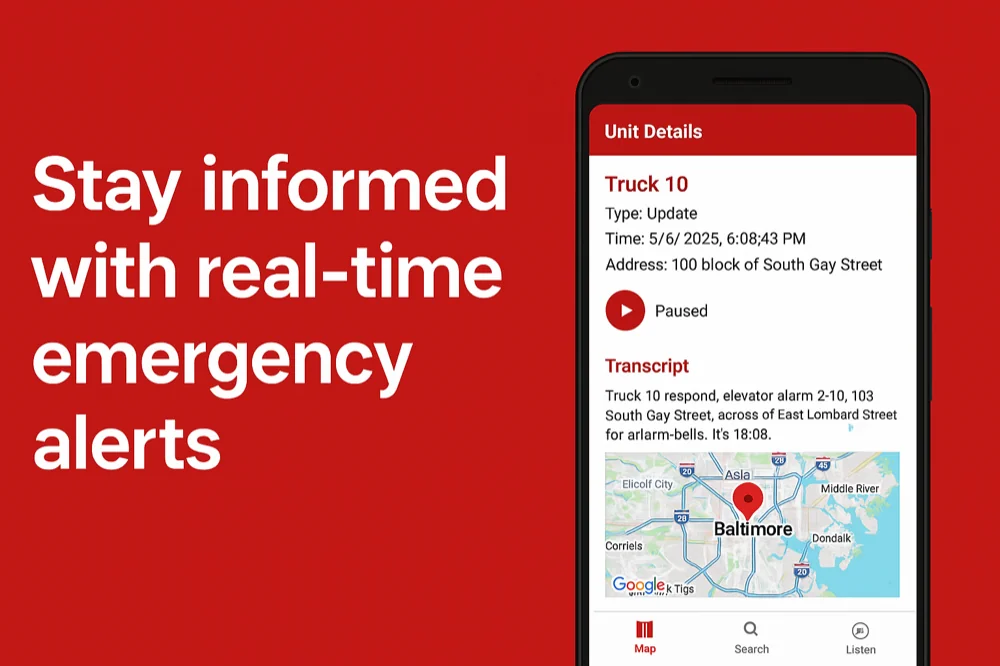 Maryland Alerts app showing a live incident with units, transcript, and map